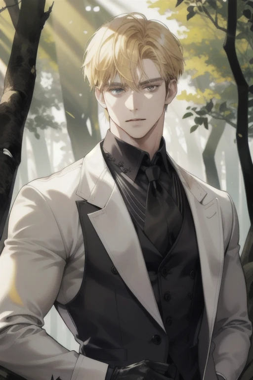 (absurd, highres, ultra detailed), 1 male, solo, young, high muscular face, broad shoulders, handsome, angular jaw, thick neck, BREAK, looking at the viewer, short blonde hair, amber eyes, long sleeves, nevaa forest, natural light and shadow, depth of field, upper body, crow over shoulder, stylish clothes, black gloves, front