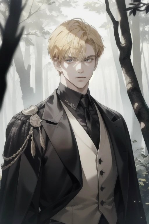 (absurd, highres, ultra detailed), 1 male, solo, young, high muscular face, broad shoulders, handsome, angular jaw, thick neck, BREAK, looking at the viewer, short blonde hair, amber eyes, long sleeves, nevaa forest, natural light and shadow, depth of field, upper body, crow over shoulder, stylish clothes, black gloves, front