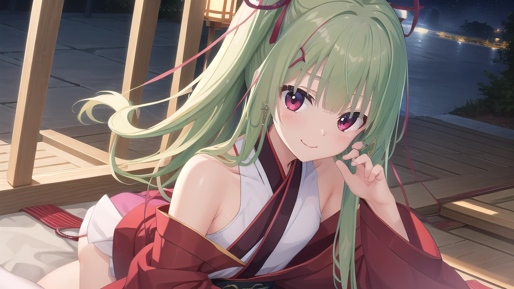 ((masterpiece)),(best quality),Official Art,Extremely detailed CG,Unity 8k Wallpaper,Super detailed,Beautiful and delicate eyes,Extremely detailed face,1 girl,solitary,,(whole body:1.5),(small:1.3),Smile,,Murasame,Very long double ponytail hair,Green Hair,Face Up,Purple bow,hairpin,Side chains,Bangs,Red Eyes,Neck strap,Red belt,Elegant and beautiful，Cloud sleeve hanfu，Kasuga Lingnan，Guangzhou, China，Star Sea Hall，The spring breeze brings me into my dream，The moonlight turns into a poem，The song is over and the guests are late
