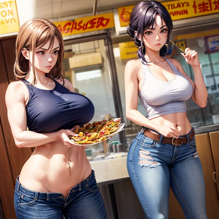 A woman in a tank top and full-zip shorts eats a tlayuda at a taco stand Jeans have a belt Belly button piercing With side slits Big Ass Draw the buttocks in detail Draw the crotch area in detail