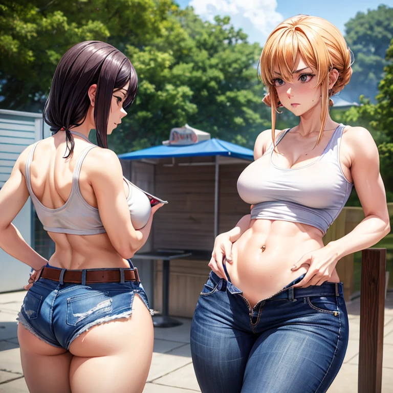 A woman in a tank top and full-zip shorts eats a tlayuda at a taco stand Jeans have a belt Belly button piercing With side slits Big Ass Draw the buttocks in detail Draw the crotch area in detail