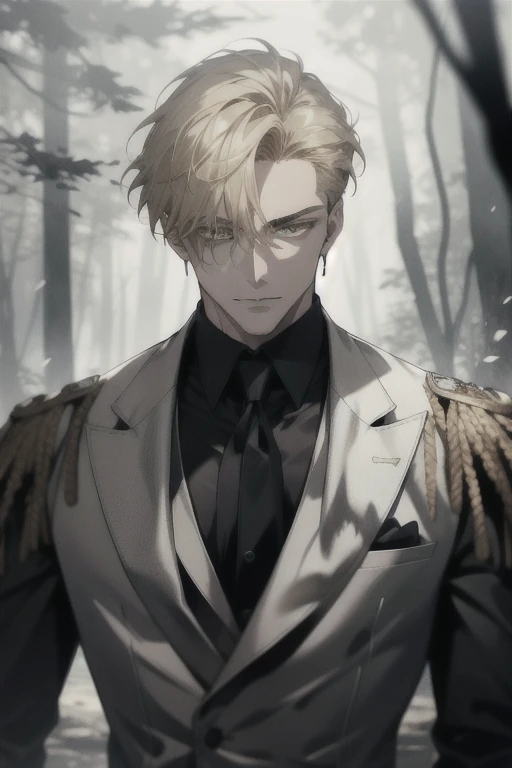 (absurd, highres, ultra detailed), 1 male, solo, young, high muscular face, broad shoulders, handsome, angular jaw, thick neck, BREAK, looking at the viewer, short blonde hair, amber eyes, long sleeves, nevaa forest, natural light and shadow, depth of field, upper body, crow over shoulder, stylish clothes, black gloves, front