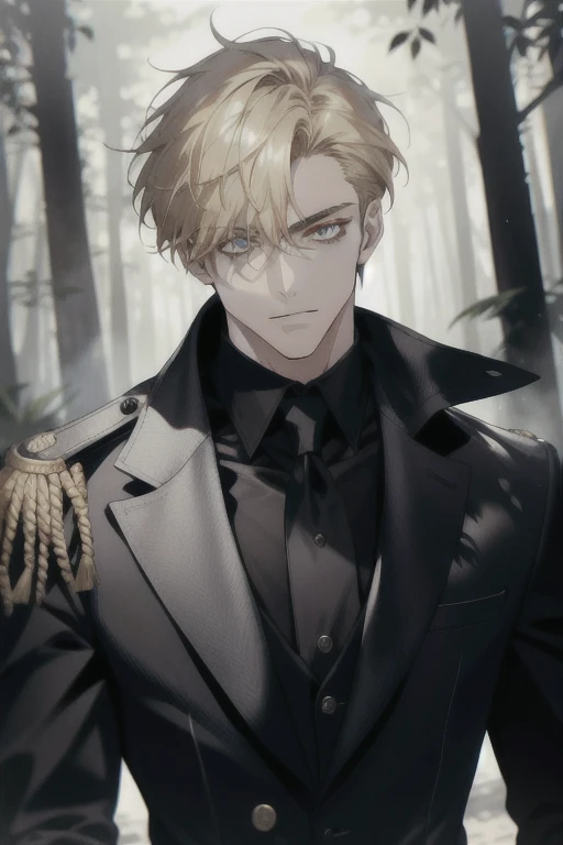 (absurd, highres, ultra detailed), 1 male, solo, young, high muscular face, broad shoulders, handsome, angular jaw, thick neck, BREAK, looking at the viewer, short blonde hair, amber eyes, long sleeves, nevaa forest, natural light and shadow, depth of field, upper body, crow over shoulder, stylish clothes, black gloves, front