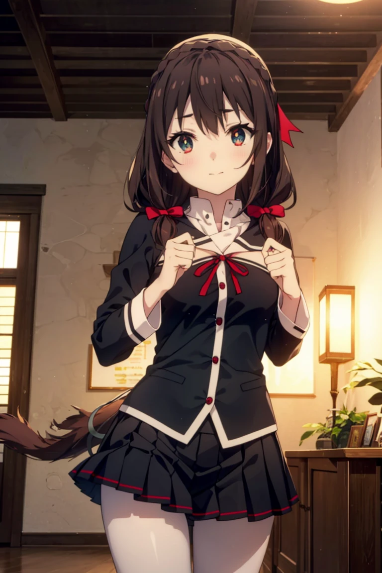 konosubaitchy, itchy, long hair, brown hair, Hair accessories, (Red Eyes:1.3), bow, Ribbon, Double tail, Weaving, hair bow,Smile,blush,Black sailor suit,Black pleated skirt,Gray tights,Brown loafers,教科書を両手で持ちながら歩いてる
rest indoor, School　corridor,
rest looking at viewer, (Cowboy shooting:1.5),
rest (masterpiece:1.2), best quality, high resolution, Unity 8k Wallpaper, (number:0.8), (Delicate and beautiful eyes:1.6), The face is rich in detail, Perfect lighting, Very detailed CG, (Perfect hands, Perfect anatomical structure),