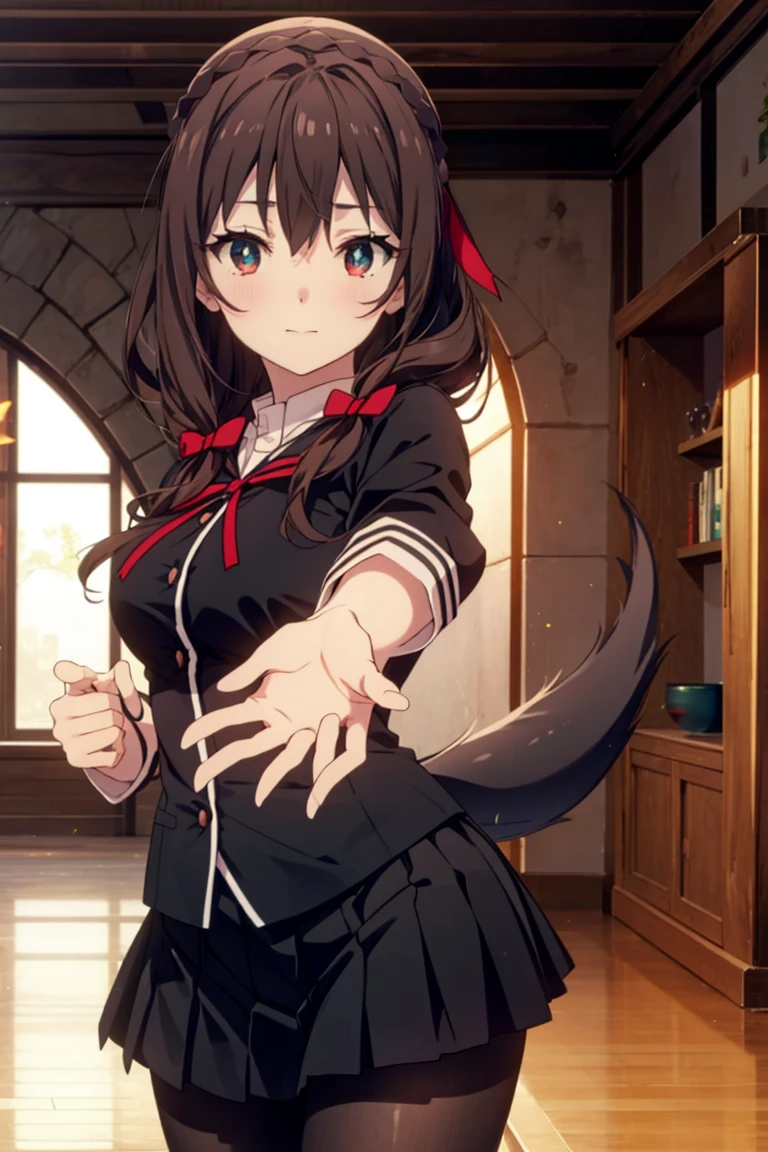 konosubaitchy, itchy, long hair, brown hair, Hair accessories, (Red Eyes:1.3), bow, Ribbon, Double tail, Weaving, hair bow,Smile,blush,Black sailor suit,Black pleated skirt,Gray tights,Brown loafers,教科書を両手で持ちながら歩いてる
rest indoor, School　corridor,
rest looking at viewer, (Cowboy shooting:1.5),
rest (masterpiece:1.2), best quality, high resolution, Unity 8k Wallpaper, (number:0.8), (Delicate and beautiful eyes:1.6), The face is rich in detail, Perfect lighting, Very detailed CG, (Perfect hands, Perfect anatomical structure),