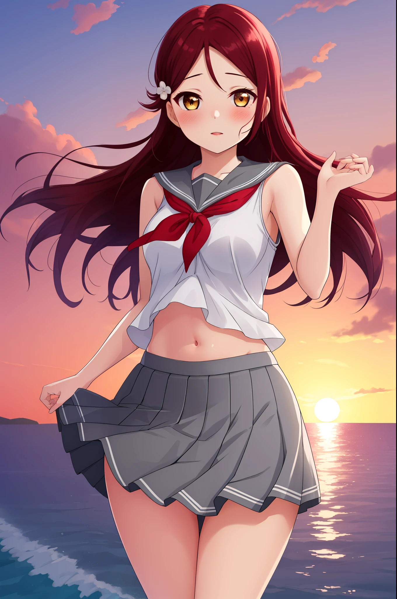 Masterpiece,best quality,Solo, cowboy shot,Sakurauchi riko, long hair, blush,love scene, skirt, sleeveless, pleated skirt, standing, serafuku, grey skirt, uranohoshi ,navel,thicc thighs ,sea in background, sunset time , crotch , floating skirt,wind