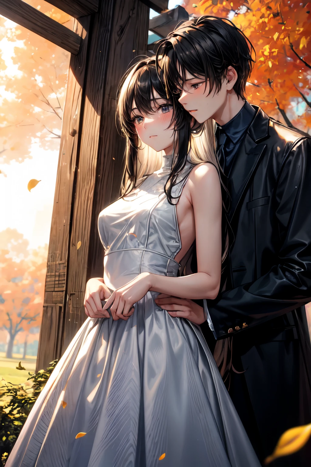((best quality)), ((masterpiece)), (detailed), (Perfect face),Create a tender, emotional scene featuring a girl standing with her head resting on a boy's chest. The girl has long, flowing hair and is wearing a simple, elegant dress. The boy, slightly taller, has his arms gently wrapped around her, providing comfort and protection. He is dressed in casual, modern clothing. They are standing in a serene park during the golden hour of sunset, with the warm, soft light creating a romantic and peaceful atmosphere. In the background, there are trees with leaves tinged in autumn colors, and a gentle breeze rustles through them. The overall mood of the image should be one of love, warmth, and tranquility.