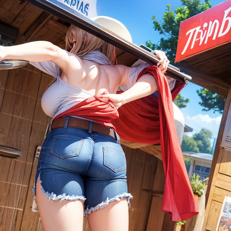 A woman in full-zip shorts eats a tlayuda at a taco stand　Jeans have a belt　　　With side slits　Big Ass　　Upper body naked