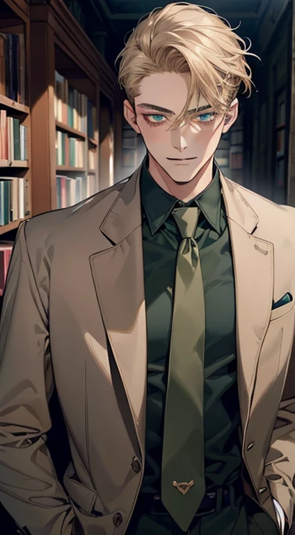 masterpiece, best quality, realistic, 1man, mature male, quiet and charming young man, 18 years old, a smirk, closed mouth, portrait, extremely detailed face, a little distant, ((dark green eyes)), ((short-side-swept sandy blonde hair)), [thick eyebrows], bookstore, ((brown suit and dark blue tie))