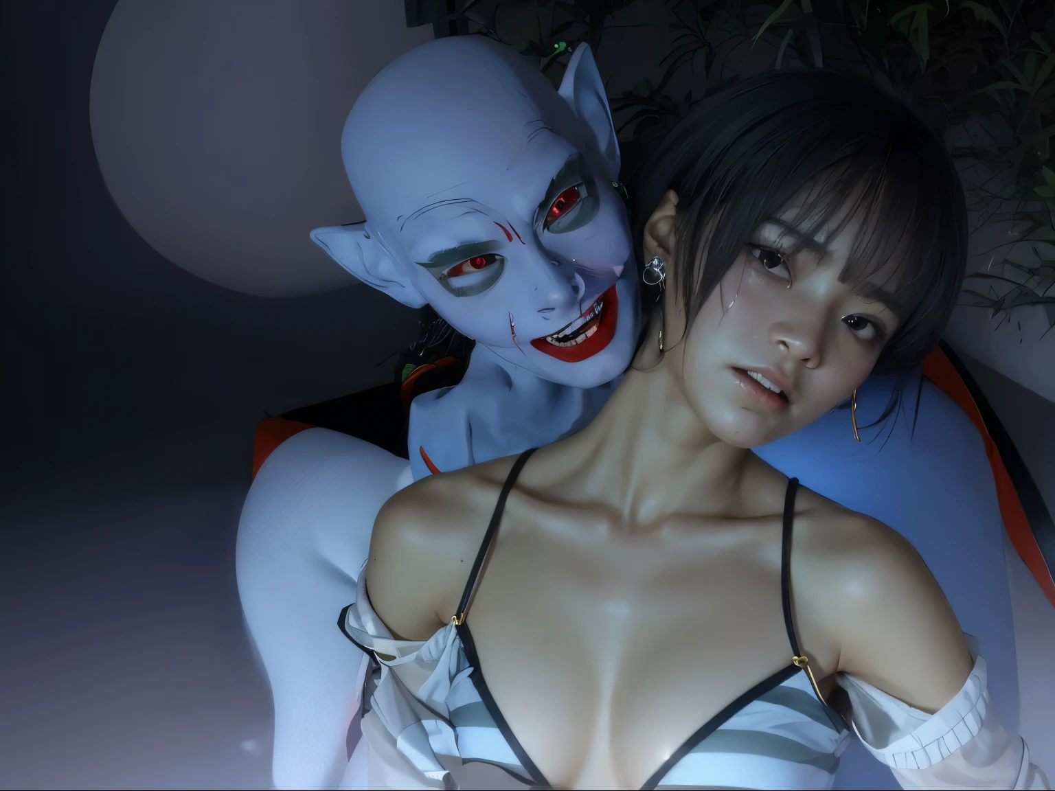 ((sad、Frightened expression))、((Sweaty、Blushing'cheek、Sweaty skin))、(8k, highest quality, masterpiece:1.2), (Realistic, photo-Realistic:1.37), Very detailed,highest quality, Ultra-high resolution, Professional Lighting, Photon Mapping, Radio City, Physically Based Rendering, Cinema Lighting, Midnight Road,Depth of the written border, Sharp focus,moonlight, Good composition,1 girl,alone,(whole body), (whole body),Beautiful and beautiful eyes,((Red eyes、I'I'm afraid of something))、 Pause, Tight waist,Japanese , Black Hair,Messy Hair,Long hair blowing in the wind,((Navy blue socks))、(Ulzzang-6500:1.2)、 Mix 4,