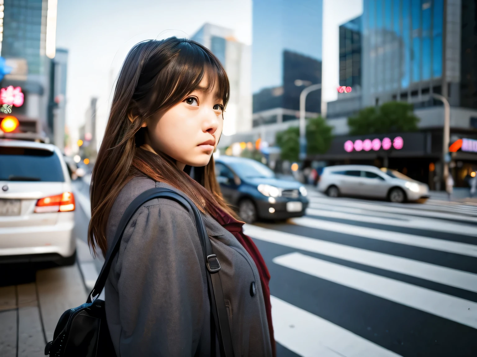 Photorealistic。Wanting to cross the road、An 18-year-old woman is having trouble crossing the street due to heavy traffic.。Troubled face、Looking around、In the background a busy cityscape and many cars