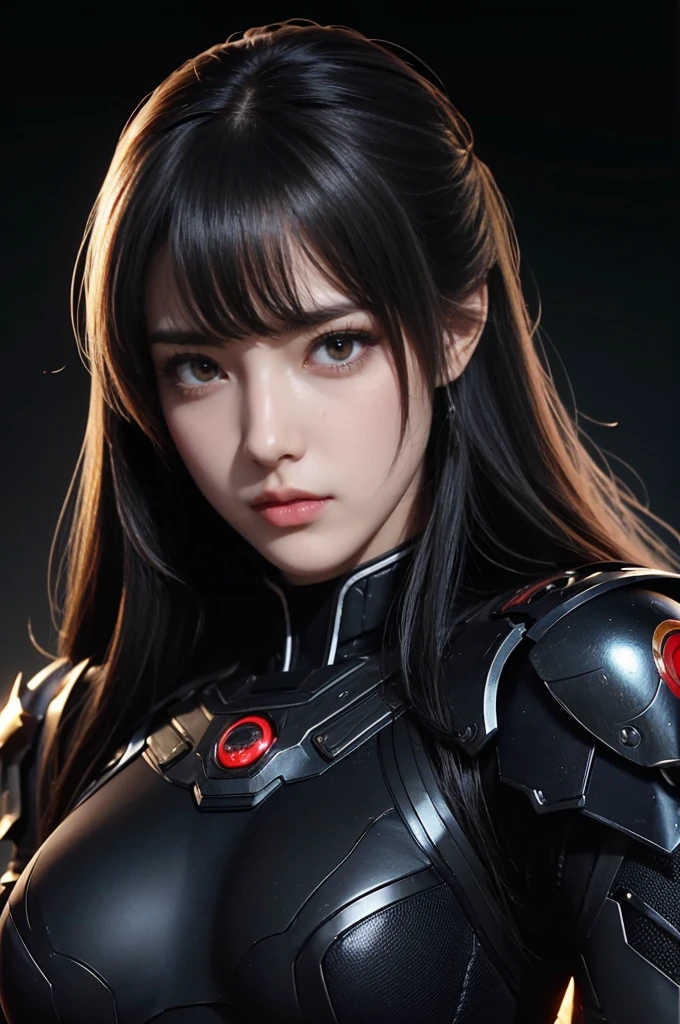 masterpiece,Best quality,high resolution,8K,((portrait)),(Head close-up),original photo,real picture,Digital Photography,(赛博朋克风格的女性Special Forces战士),(Special Forces),20-year-old girl, hairstyle,By Bangs,Amazing amount of hair,Red eye hair),Large Breasts,pectoral groove, Accessories,Open lips,Keep your mouth smooth and attractive,Serious and arrogant,Calm and handsome,(Special Forces服装,Combat uniform,Combined Armor,Black),Photo poses,Cyberpunk Characters,Sci-fi style,Gray background,oc render reflection texture