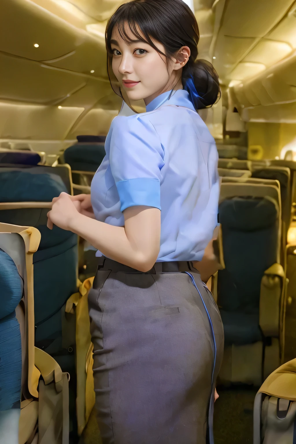 masterpiece:1.2、highest quality:1.2)、32K HDR、High resolution、(alone、1 girl、Slim figure)、（Realistic style wearing the ANA cabincrew uniform）、 (At the airport counter, Professional Lighting)、A proper woman, Beautiful Face,、（ANA cabincrew uniform）、（Short sleeve light blue blouse）、（ANA cabincrew uniform skirt with blue line on the back）、（Scarf around the neck）、Big Breasts、（Long hair updo、Chignon）、Dark brown hair、Long Shot、（（Fine hand：2.0））、（（Harmonious body proportions：1.5））、（（Normal limbs：2.0））、（（Normal finger：2.0））、（（Delicate eyes：2.0））、（（Normal eyes：2.0））)、Beautiful back view、smile