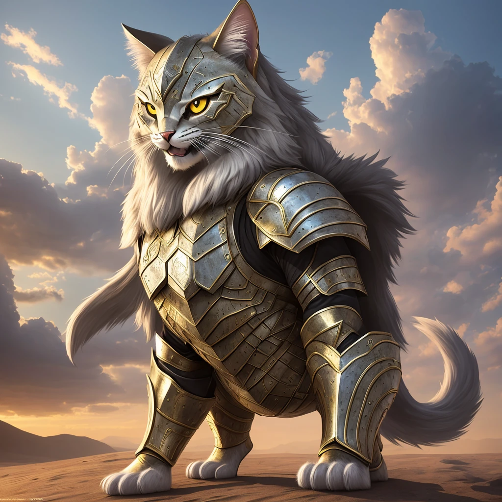 Super cute furry cat warrior in armor, The armor is made of gold and silver, Practical, body image, Sexy, 4k, Super detailed, Vray rendering, Unreal Engine, midway art style, The most beautiful image in the world, Great location, 4k, 8K, ultra high resolution, high resolution, HDR, Smile, ((Smile)), ((permanent)))), whole body, Great place, 4k, 8K, Super strong, Very detailed, Super strong, Very detailed, Water--V5--S 750--Q2, ((masterpiece, best quality, high quality, high resolution)), Good place, best quality, body image