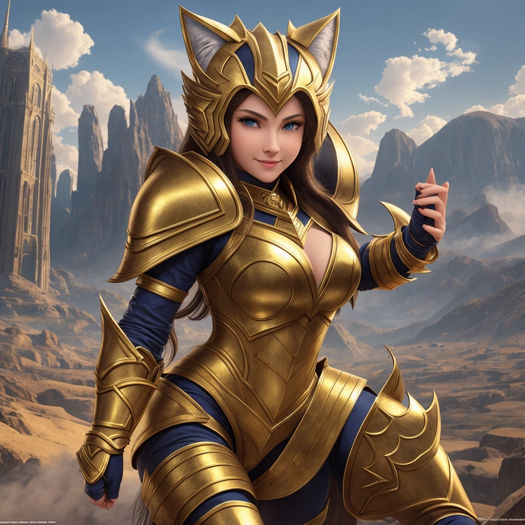 Super cute furry cat warrior in armor, The armor is made of gold and silver, Practical, body image, Sexy, 4k, Super detailed, Vray rendering, Unreal Engine, midway art style, The most beautiful image in the world, Great location, 4k, 8K, ultra high resolution, high resolution, HDR, Smile, ((Smile)), ((permanent)))), whole body, Great place, 4k, 8K, Super strong, Very detailed, Super strong, Very detailed, Water--V5--S 750--Q2, ((masterpiece, best quality, high quality, high resolution)), Good place, best quality, body image
