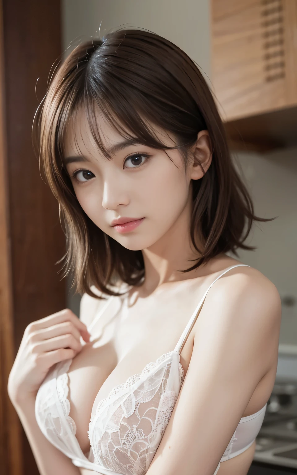 cute 21 year old japanese、kitchen、pink underwear、Tank top、date、date、super detail face、pay attention to details、double eyelid、beautiful thin nose、sharp focus:1.2、Beautiful woman:1.4、(light brown hair,short hair、),pure white skin、highest quality、masterpiece、超A high resolution、(Photoreal:1.4)、、