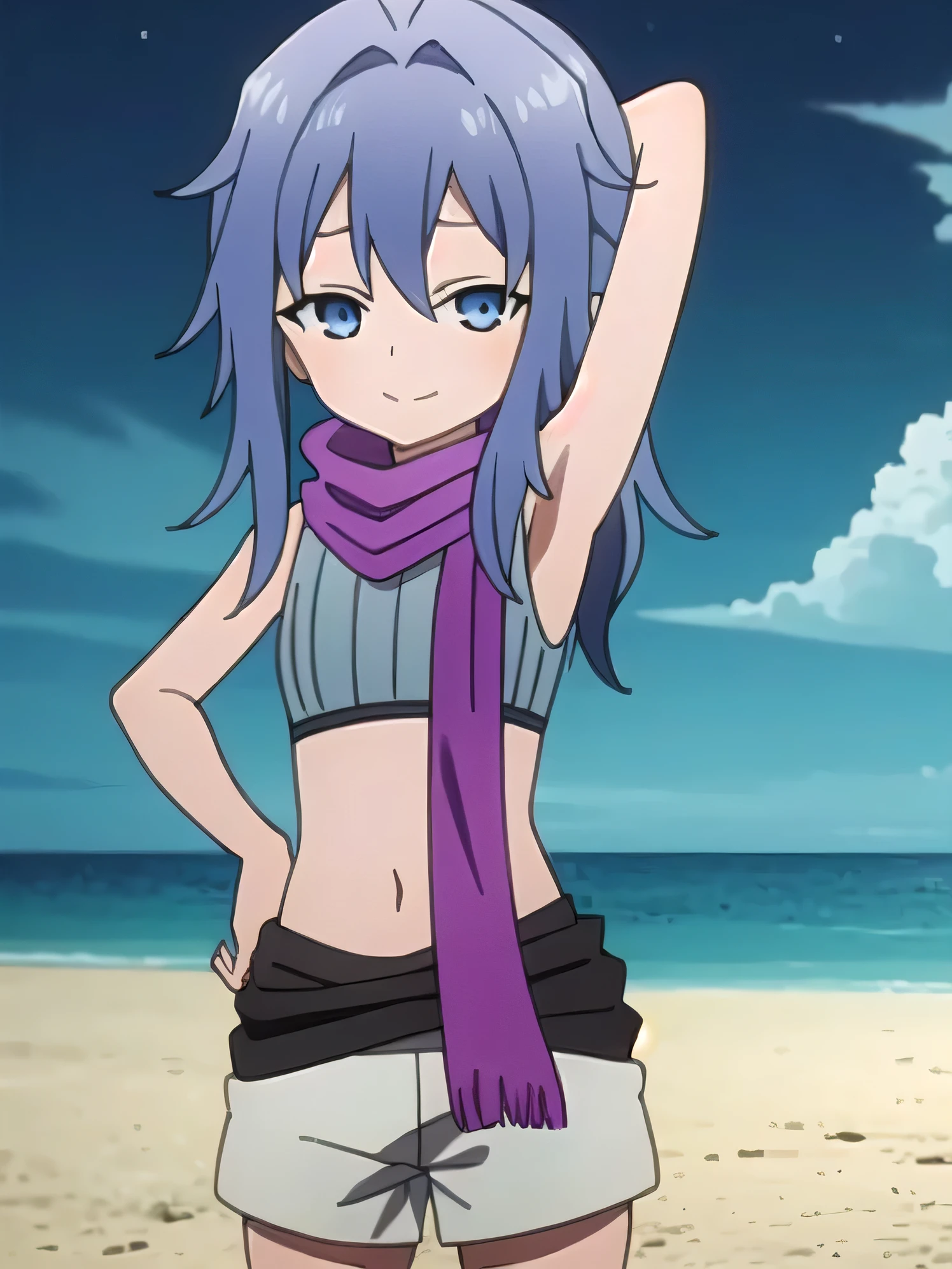 kunoichi_hagi, blue eyes, blue hair, long hair, crop top, sleeveless, purple scarf, shorts, closed mouth, solo, (cowboy shot:1.5), night sky, beach, arm behind head, hand on hip, contrapposto, spread armpits, looking at viewer, best quality, smile