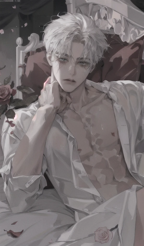 1Junge, portrait, Ohrringe, Allein,Lippen,  Male focus, Green eyes, Blick auf den Betrachter, graue Haare, kurzes Haar, geschlossenen Mund, anime boy lying on the bed with rose petals, wet body, bed, without any clothing except underwear, high quality fanart, hot expression, Beast, at pixiv, official fanart, pixiv, detailed fanart, relaxing, levi ackerman, in in the bedroom, relaxing environment, relaxing mood, by Shingei, anime asthetic, relaxing concept art, wet anime boy, with rose petals on the bed, beautiful atmosphere, hot anime boy, cute, beautiful body art, hot pose, beautiful, pretty face, cute pretty face, big cute eyes, beautiful expression