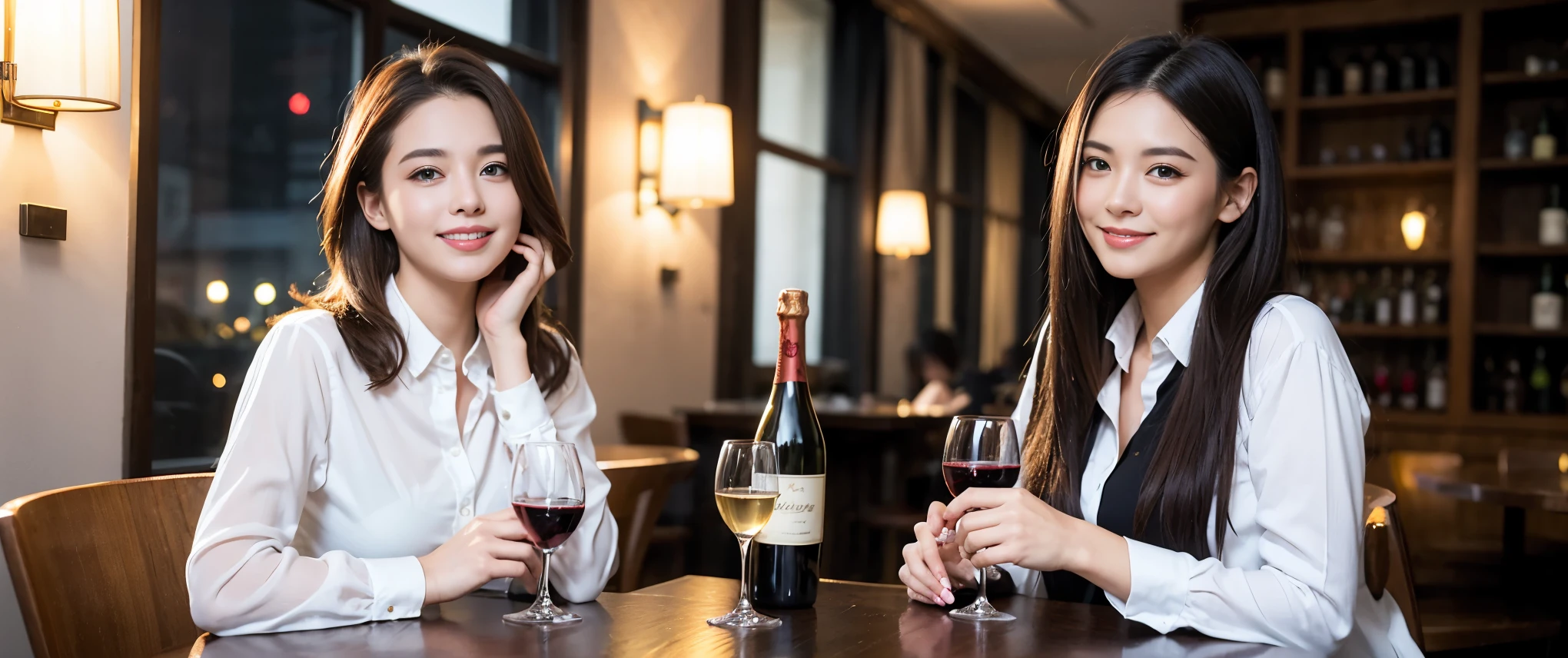 ((highest quality、8k、masterpiece:1.3))、1 male 1 female、Couple、lover、Couple、slimなボディ、((Bob Hale、Straight hair:1.2))、(Realistic, Intricate details:1.2), テーブルにwine glass、Put the light on your face、 Amazing view of the sunset sky and clouds、Amazing mountain views、ニコニコ明るいsmile、smileの素敵な女性、Bright image、2. The beauty of wine, Beautiful Face, blue eyes, The light shines on your face, Blushing, short hair,Bright Face、Fox face、 (40 years old), 39 years old, Lady、red wine 、Appetizers、Italian food、Wine bottle、Champagne、sparkling wine、Two beauties、Brown Hair、Shortcuts、Long sleeve shirt、dress、Pretty Woman 1, (slimな顔), (The body is slim), (Brown Hair), (Shortcuts), cheeks turn a little red,Attractive beauty、, Out of the window, A beautiful and detailed night view unfolds.........., restaurant, In a prominent place (From the waist up) Nova Frog Style, actress, model, Upper Body, White wine, slim, wine glass, 真ん中に置かれたwine glass, smile, (smile: 1.15), Beautiful fine grain, Depth f/2,saturation, High Contrast, Strong light and shadow,Moist Body:1.5、3D texture、Delicate eyes、Brown Hair、The hair is very shiny、