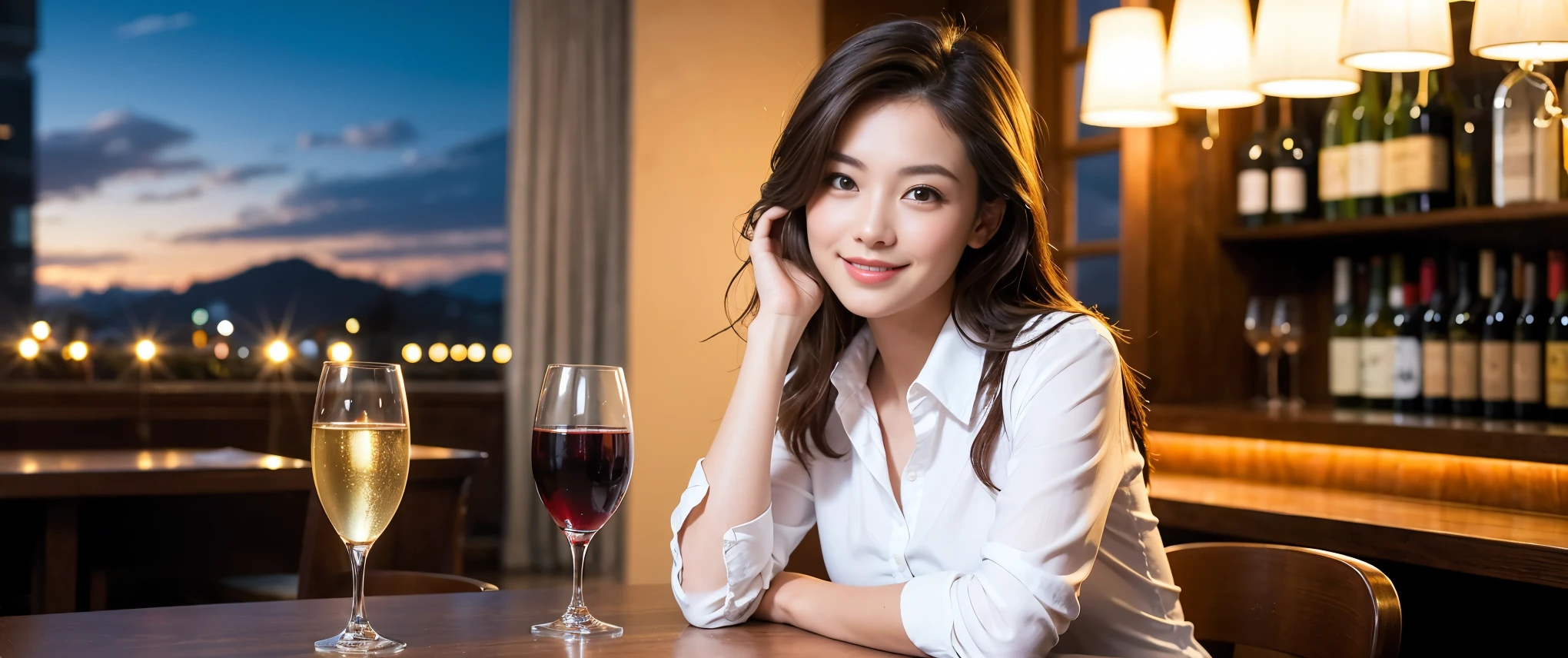 ((highest quality、8k、masterpiece:1.3))、1 male 1 female、Couple、lover、Couple、slimなボディ、((Bob Hale、Straight hair:1.2))、(Realistic, Intricate details:1.2), テーブルにwine glass、Put the light on your face、 Amazing view of the sunset sky and clouds、Amazing mountain views、ニコニコ明るいsmile、smileの素敵な女性、Bright image、2. The beauty of wine, Beautiful Face, blue eyes, The light shines on your face, Blushing, short hair,Bright Face、Fox face、 (40 years old), 39 years old, Lady、red wine 、Appetizers、Italian food、Wine bottle、Champagne、sparkling wine、Two beauties、Brown Hair、Shortcuts、Long sleeve shirt、dress、Pretty Woman 1, (slimな顔), (The body is slim), (Brown Hair), (Shortcuts), cheeks turn a little red,Attractive beauty、, Out of the window, A beautiful and detailed night view unfolds.........., restaurant, In a prominent place (From the waist up) Nova Frog Style, actress, model, Upper Body, White wine, slim, wine glass, 真ん中に置かれたwine glass, smile, (smile: 1.15), Beautiful fine grain, Depth f/2,saturation, High Contrast, Strong light and shadow,Moist Body:1.5、3D texture、Delicate eyes、Brown Hair、The hair is very shiny、