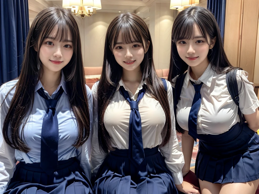 (8K, Raw photography, top-quality, ​masterpiece:1.2),  ((3 beatiful girls))、.（Realistic Skins 1.4）、（（（female high-school student、School Uniforms、）））、{{‎(The background is a luxury hotel room}}（（School Uniforms、white Cutter shirt、darkblue pleatedskirt))、（(long hair)）、（A dark-haired、The forehead is hidden by bangs、）、Black eyes、shinny skin.Beautiful delicate face、Beautiful delicate eyes、｛Voluptuous body shape、Thicker thighs｝、One piercing in each ear、((smile:1.3)),((large breasts)), ((navy blue tie)) ,looking at camera, ((close up))