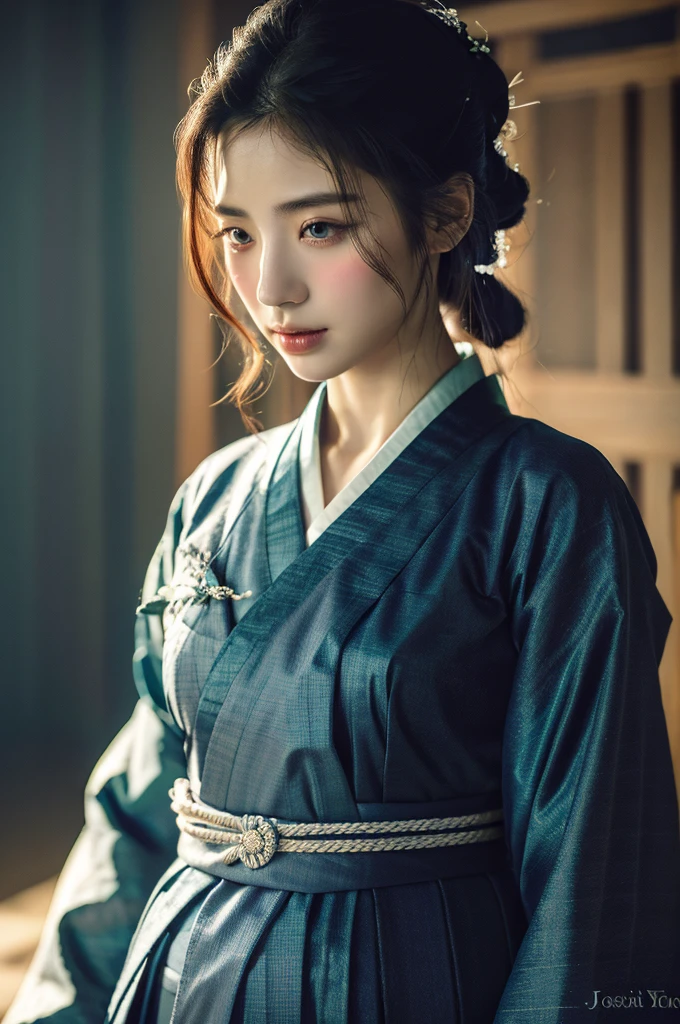 ( masterpiece, top quality, best quality,8k,years old girl,ultra detailed,raw photo:1.5),(photorealistic:1.4), (cinematic lighting), PerfectNwsjMajic, , Surrealism, UHD, ccurate, Super detail, textured skin, High detail, Best quality, dynamic angle, White skin,[Beautiful blue eyes], high nose,(1girl),(good anatomy:0.5)), Dreamy atmosphere,expressive brush strokes, mystical ambiance, Artistic interpretation, a whimsical illustration,dark, Subtle colors and tones, mystical aura, Woman wearing traditional Korean costume,(hanbok:1.3), Joseon dynasty, jeogori,chima,and the po,portrait, assassin, small knife, strong,shiny skin 