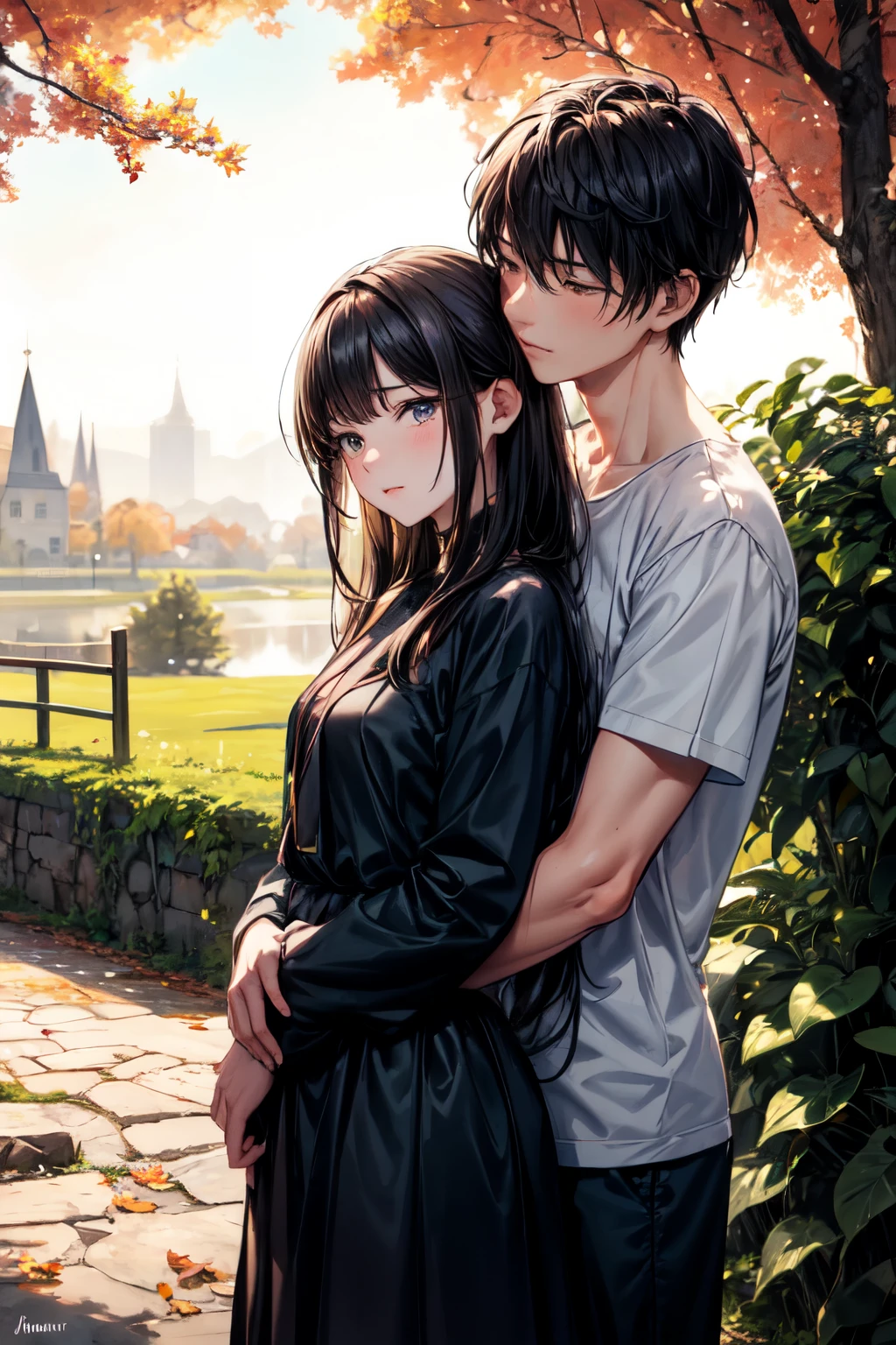 ((best quality)), ((masterpiece)), (detailed), (Perfect face),Create a tender, emotional scene featuring a girl standing with her head resting on a boy's chest. The girl has long, flowing hair and is wearing a simple, elegant dress. The boy, slightly taller, has his arms gently wrapped around her, providing comfort and protection. He is dressed in casual, modern clothing. They are standing in a serene park during the golden hour of sunset, with the warm, soft light creating a romantic and peaceful atmosphere. In the background, there are trees with leaves tinged in autumn colors, and a gentle breeze rustles through them. The overall mood of the image should be one of love, warmth, and tranquility.