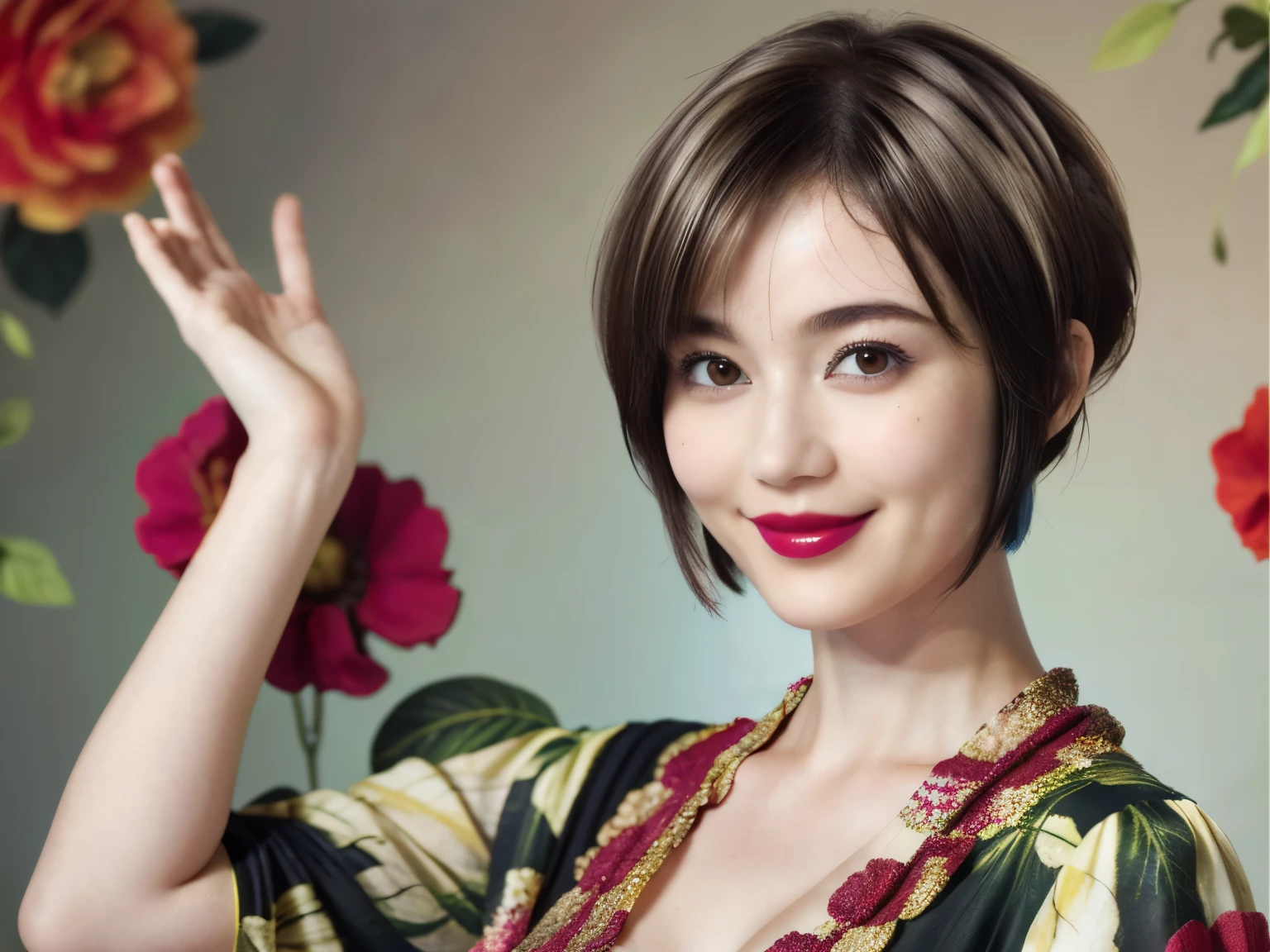 227 (20-year-old woman,Floral costume), (Surreal), (High resolution), ((Beautiful Hairstyles 46)), ((short hair:1.46)), (A kind smile), (Big Breasts:1.1), (lipstick)