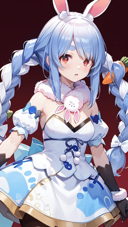 Used Pekora, Animal ears, Blue Hair, Braiding, carrot hair ornaments, food-themed hair ornaments, hair ornaments, Multicolored Hair, (Red eyes:1.5), Bunny ears, twin Braidings, Twin tails, Two-tone hair, Strapless, Strapless dress, (white dress:1.5), black gloves, black pantyhose, bow, Bridal Garter, Removable sleeves, dress, Fur scarf, Fur trim, fur-trimmed dress, fur-trimmed gloves, gloves, pantyhose, puffy Removable sleeves, Puffy sleeves, red bow, Breaking the comfort of your home, Japan, wallpaper, ((4K UHD)), detailed