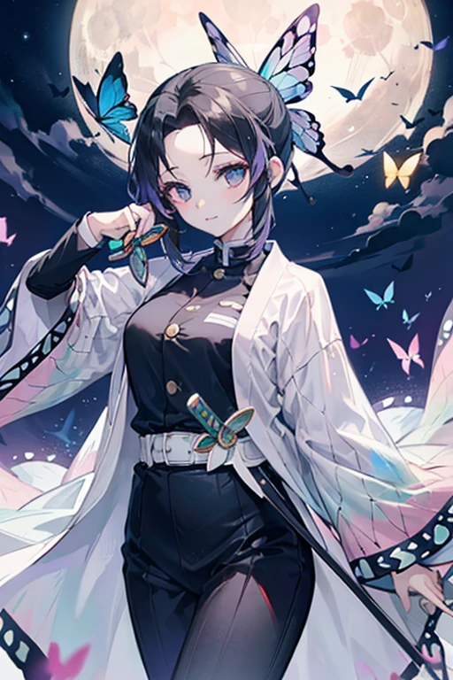 胡butterflyしのぶ Sword on waist butterfly々Patterned haori coat Black uniform Places where you can see the moon 周りに紫色のbutterfly々