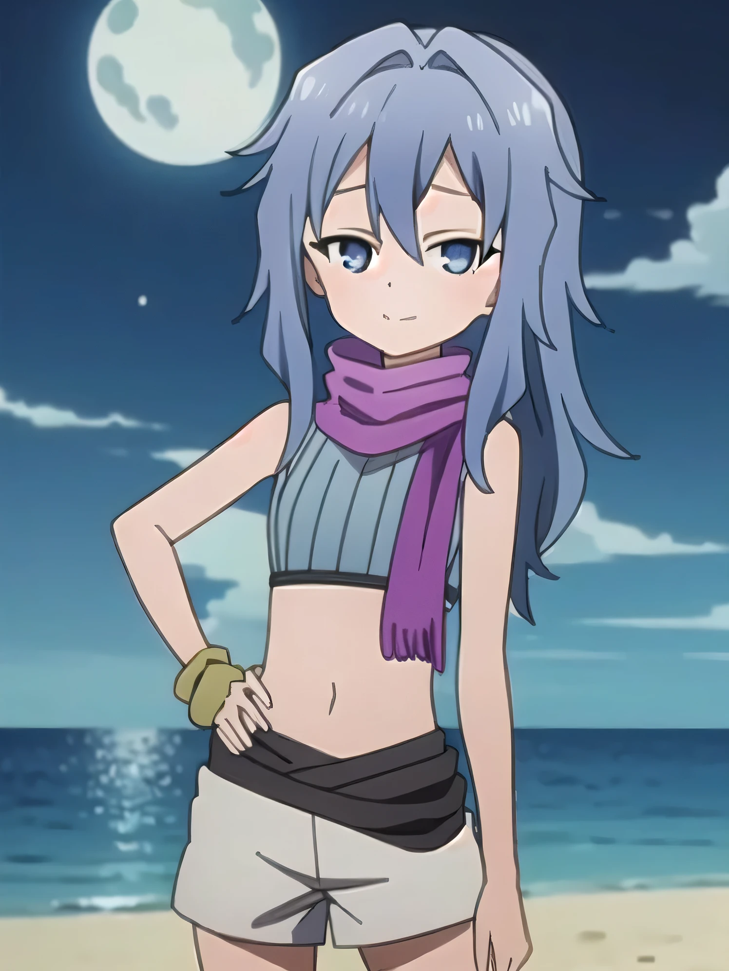 kunoichi_hagi, blue eyes, blue hair, long hair, crop top, sleeveless, purple scarf, shorts, closed mouth, solo, (cowboy shot:1.5), night sky, beach, arm behind head, hand on hip, contrapposto, spread armpits, looking at viewer, best quality, smile