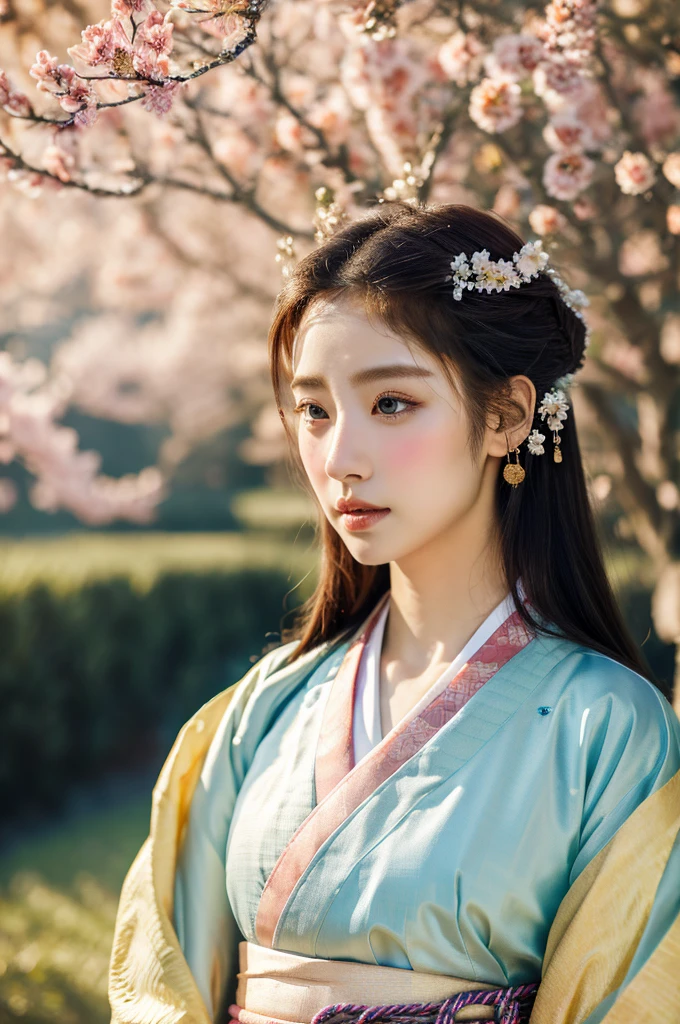 ( masterpiece, top quality, best quality,8k,years old girl,ultra detailed,raw photo:1.5),(photorealistic:1.4), (cinematic lighting), PerfectNwsjMajic, , Surrealism, UHD, ccurate, Super detail, textured skin, High detail, Best quality, dynamic angle, White skin,[Beautiful blue eyes], high nose,(1girl),(good anatomy:0.5)), Dreamy atmosphere,expressive brush strokes, mystical ambiance, Artistic interpretation, a whimsical illustration, Subtle colors and tones, mystical aura, Woman wearing traditional Korean costume,(hanbok:1.3), Joseon dynasty, jeogori,chima,and the po,portrait,(hairstyle1.5), flower,warm sun,face, tender ,shiny skin