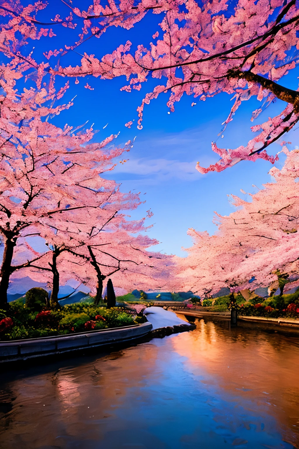 An exquisite masterpiece, a blossoming path to heaven, a cascade of cherry blossoms leading the way, a 4k high-detailed digital art, intricately painted with a delicate touch, each petal radiating in soft pink hues, reminiscent of a dreamy aesthetic, bathed in golden hour light. The path gently curves upwards, revealing the tranquil scene of a mountain landscape dotted with pagodas. The mountain peaks, adorned with snow, stretch towards the sky, creating a dramatic backdrop for the blossoming path. A serene lake lies below, reflecting the heavenly scenery. The artwork is highly detailed, filled