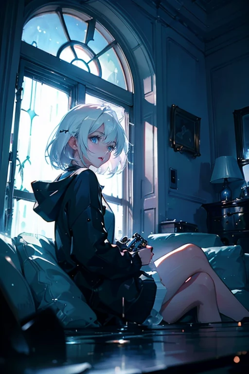 1girl,solo,cute,white hair and medium hair,blue eyes,she plays video game,hold a controller,sitting a sofa,brown sofa,in house,living room,window,outside rainy,from the side