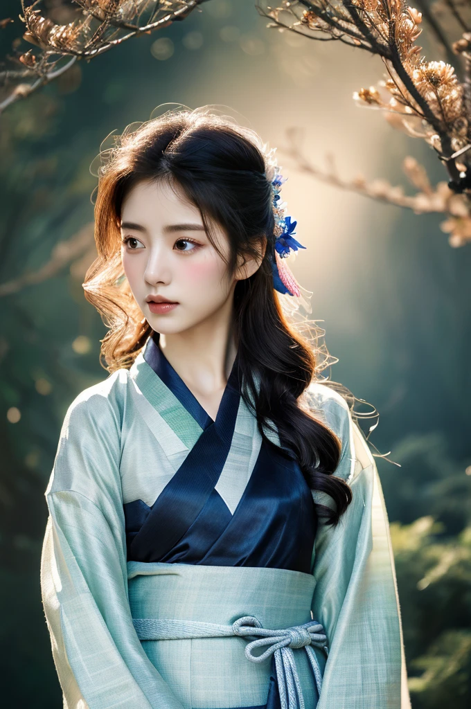 ( masterpiece, top quality, best quality,8k,years old girl,ultra detailed,raw photo:1.5),(photorealistic:1.4), (cinematic lighting), PerfectNwsjMajic, , Surrealism, UHD, ccurate, Super detail, textured skin, High detail, Best quality, dynamic angle, White skin,[Beautiful blue eyes], high nose,(1girl),(good anatomy:0.5)), Dreamy atmosphere,expressive brush strokes, mystical ambiance, Artistic interpretation, a whimsical illustration,dark, Subtle colors and tones, mystical aura, Woman wearing traditional Korean costume,(hanbok:1.3), Joseon dynasty, jeogori,chima,and the po,portrait, assassin, small knife, strong,shiny skin 