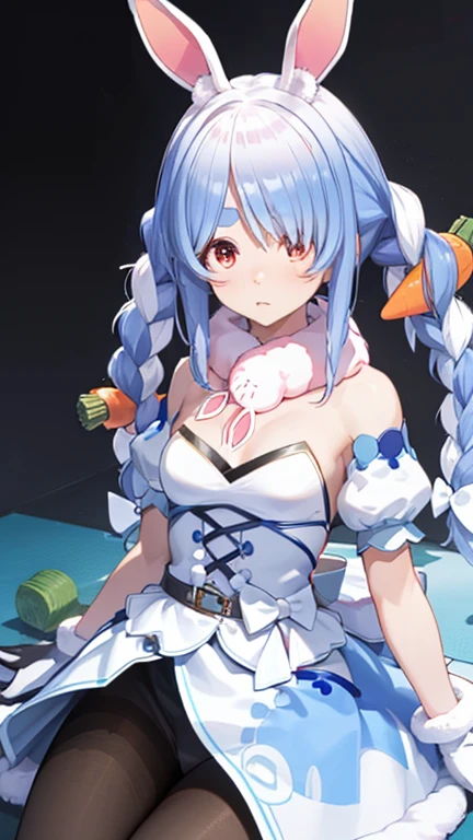 Used Pekora, Animal ears, Blue Hair, Braiding, carrot hair ornaments, food-themed hair ornaments, hair ornaments, Multicolored Hair, (Red eyes:1.5), Bunny ears, twin Braidings, Twin tails, Two-tone hair, Strapless, Strapless dress, (white dress:1.5), black gloves, black pantyhose, bow, Bridal Garter, Removable sleeves, dress, Fur scarf, Fur trim, fur-trimmed dress, fur-trimmed gloves, gloves, pantyhose, puffy Removable sleeves, Puffy sleeves, red bow, Breaking the comfort of your home, Japan, wallpaper, ((4K UHD)), detailed