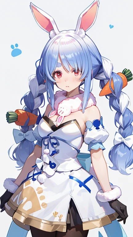 Used Pekora, Animal ears, Blue Hair, Braiding, carrot hair ornaments, food-themed hair ornaments, hair ornaments, Multicolored Hair, (Red eyes:1.5), Bunny ears, twin Braidings, Twin tails, Two-tone hair, Strapless, Strapless dress, (white dress:1.5), black gloves, black pantyhose, bow, Bridal Garter, Removable sleeves, dress, Fur scarf, Fur trim, fur-trimmed dress, fur-trimmed gloves, gloves, pantyhose, puffy Removable sleeves, Puffy sleeves, red bow, Breaking the comfort of your home, Japan, wallpaper, ((4K UHD)), detailed