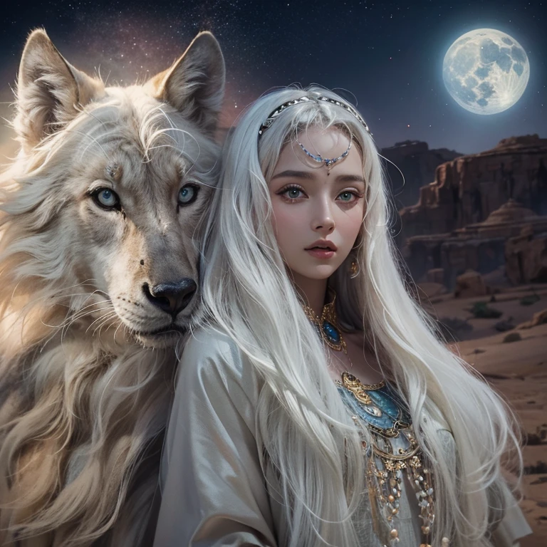 (highest quality、masterpiece、8k、Best image quality、Ultra-high resolution、Award-winning works)、A beautiful white-haired woman watches over us from afar in the desert., Where the moonlight shines.、Ancient Islamic clothing、Beautiful face drawn in every detail, There&#39;There&#39;s a real wolf next to her