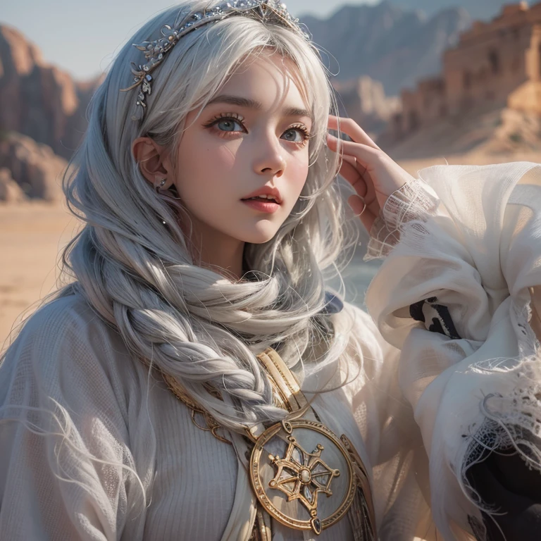(highest quality、masterpiece、8k、Best image quality、Ultra-high resolution、Award-winning works)、A beautiful white-haired woman watches over us from afar in the desert., Where the moonlight shines.、Ancient Islamic clothing、Beautiful face drawn in every detail, There'There's a real wolf next to her