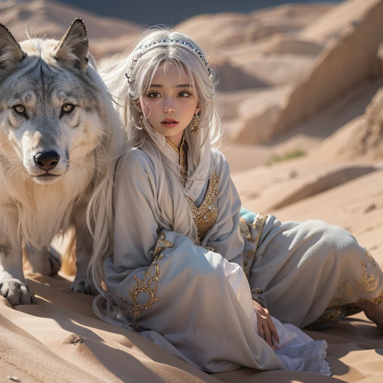 (highest quality、masterpiece、8k、Best image quality、Ultra-high resolution、Award-winning works)、A beautiful white-haired woman watches over us from afar in the desert., Where the moonlight shines.、Ancient Islamic clothing、Beautiful face drawn in every detail, There'There's a real wolf next to her