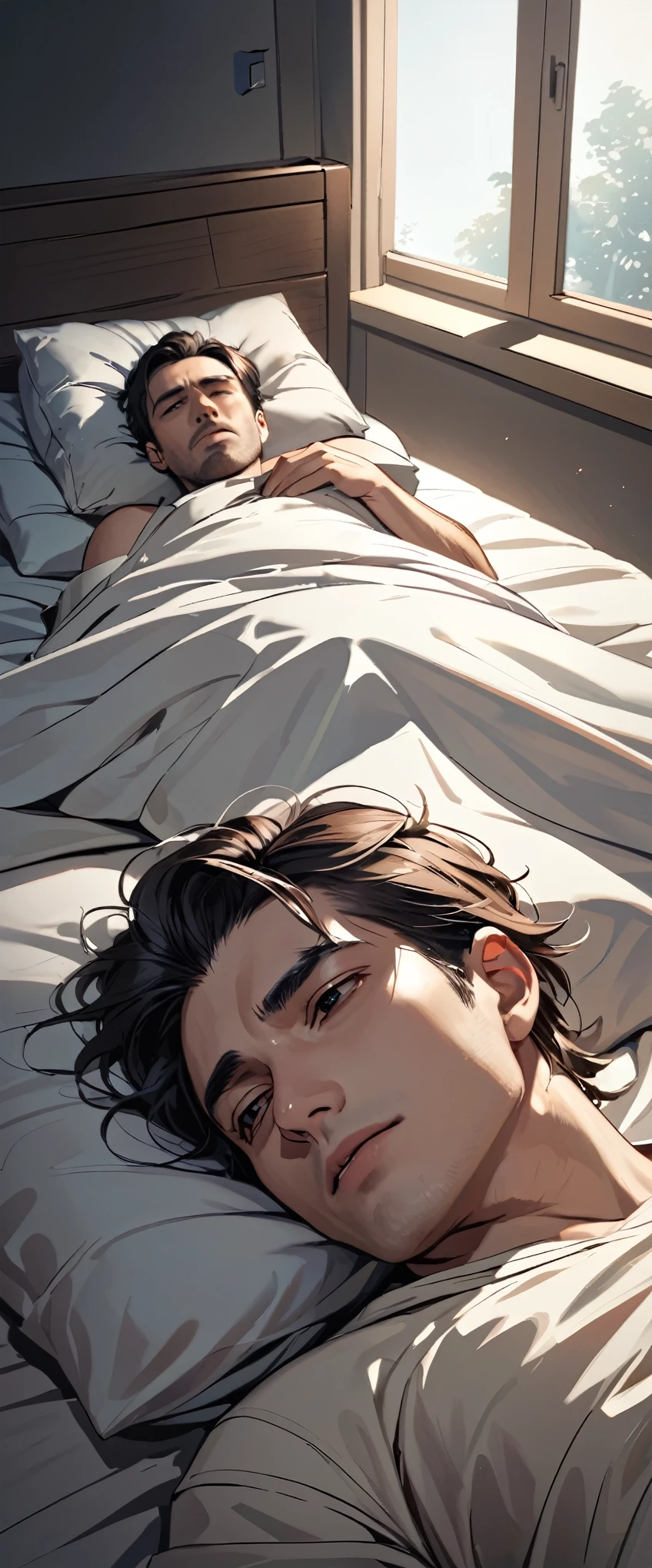a man lying on his bed sick and pale, moody, cartoon, top down angle