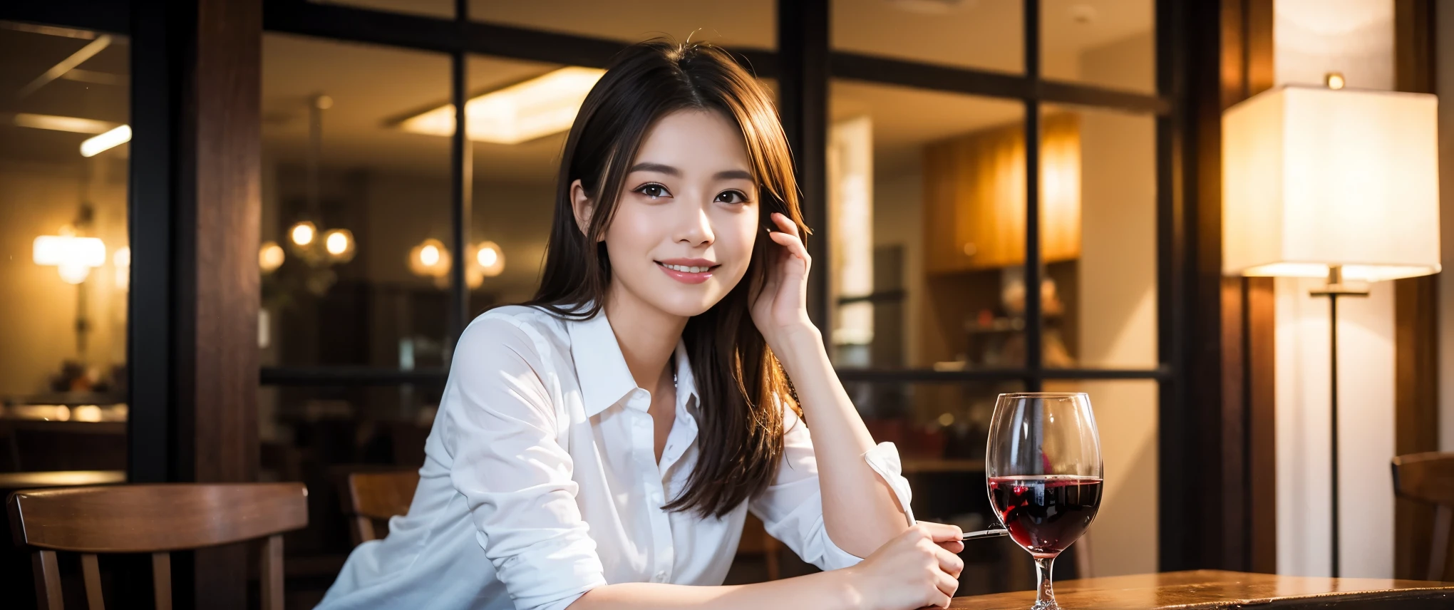 ((highest quality、8k、masterpiece:1.3))、1 male 1 female、Couple、恋人たちCouple、slimなボディ、((Bob Hale、Straight hair:1.2))、(Realistic, Intricate details:1.2), テーブルにwine glass、Shine light on your face、 Amazing view of the sunset sky and clouds、Amazing mountain views、ニコニコ明るいsmile、smileの素敵な女性、Bright image、2. The beauty of wine, Beautiful Face, blue eyes, The light shines on your face, Blushing, short hair,Bright Face、Fox face、 (40 years old), 39 years old, Lady、red wine 、Appetizers、Italian food、Wine bottle、Champagne、sparkling wine、Two beauties、Brown Hair、Shortcuts、Long sleeve shirt、dress、Pretty Woman 1, (slimな顔), (The body is slim), (Brown Hair), (Shortcuts), cheeks turn a little red,Attractive beauty、, Out of the window, A beautiful and detailed night view unfolds.........., restaurant, In a prominent place (From the waist up) Nova Frog Style, actress, model, Upper Body, White wine, slim, wine glass, 真ん中に置かれたwine glass, smile, (smile: 1.15), Beautiful fine grain, Depth f/2,saturation, High Contrast, Strong light and shadow,Moist Body:1.5、3D texture、Delicate eyes、Brown Hair、The hair is very shiny、