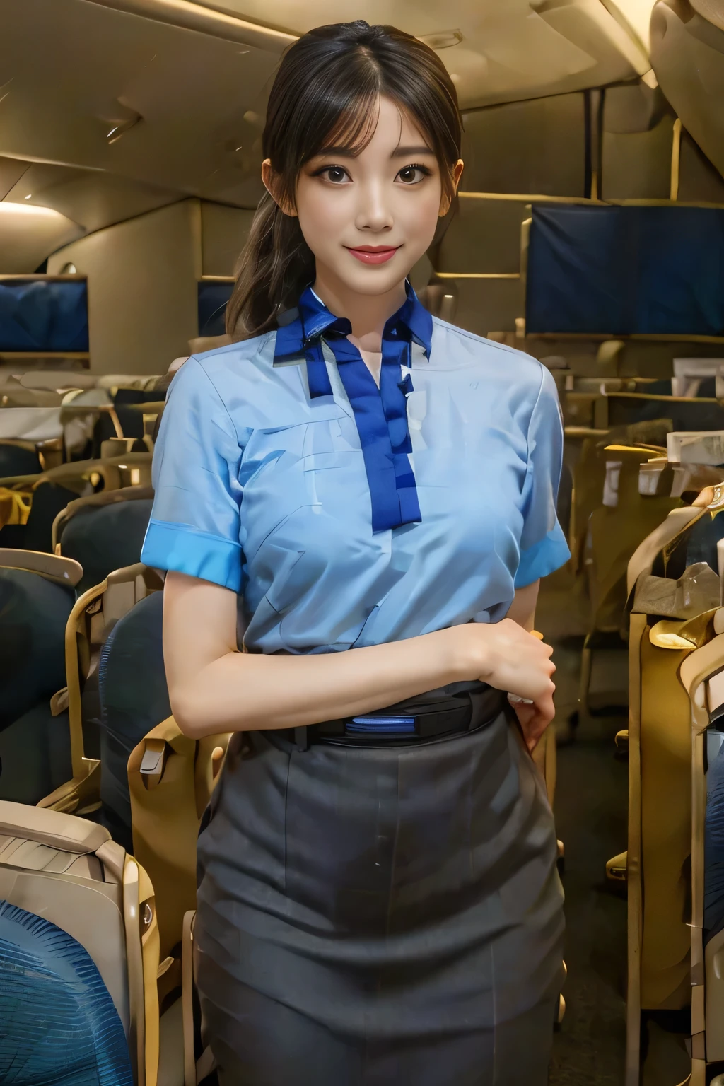 masterpiece:1.2、highest quality:1.2)、32K HDR、High resolution、(alone、1 girl、Slim figure)、(Realistic style wearing the ANA cabincrew uniform)、 (At the airport counter, Professional Lighting)、A proper woman, Beautiful Face,、(ANA cabincrew uniform)、(Short sleeve light blue blouse)、(ANA cabincrew uniform skirt with blue line on the back)、(Scarf around the neck)、Big Breasts、(Long hair updo、Chignon)、Dark brown hair、Long Shot、((Fine hand:2.0))、((Harmonious body proportions:1.5))、((Normal limbs:2.0))、((Normal finger:2.0))、((Delicate eyes:2.0))、((Normal eyes:2.0)))、Beautiful back view、smile