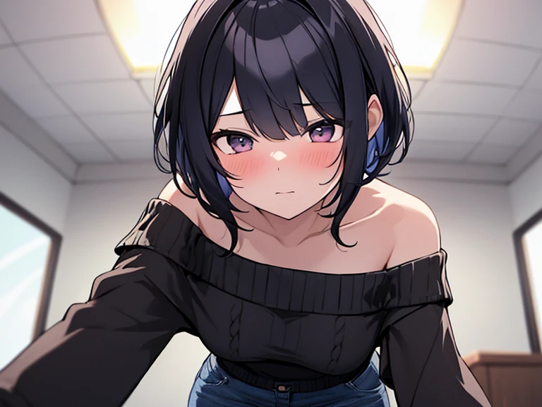 Masterpiece, Top quality, Worm eye view:1.5 ,kabedon pov, 1 beautiful girl, solo, 1boy and 1girl, looking down, straddling ,on all fours, black hair, short hair, wave hair,15 year old, medium breasts, standard weight,  (Off-the-shoulder sweater:1.3), imminent kiss blush :1.5, (beautiful scene of ceiling) ,close up of face:1.2, hair subjected to gravity