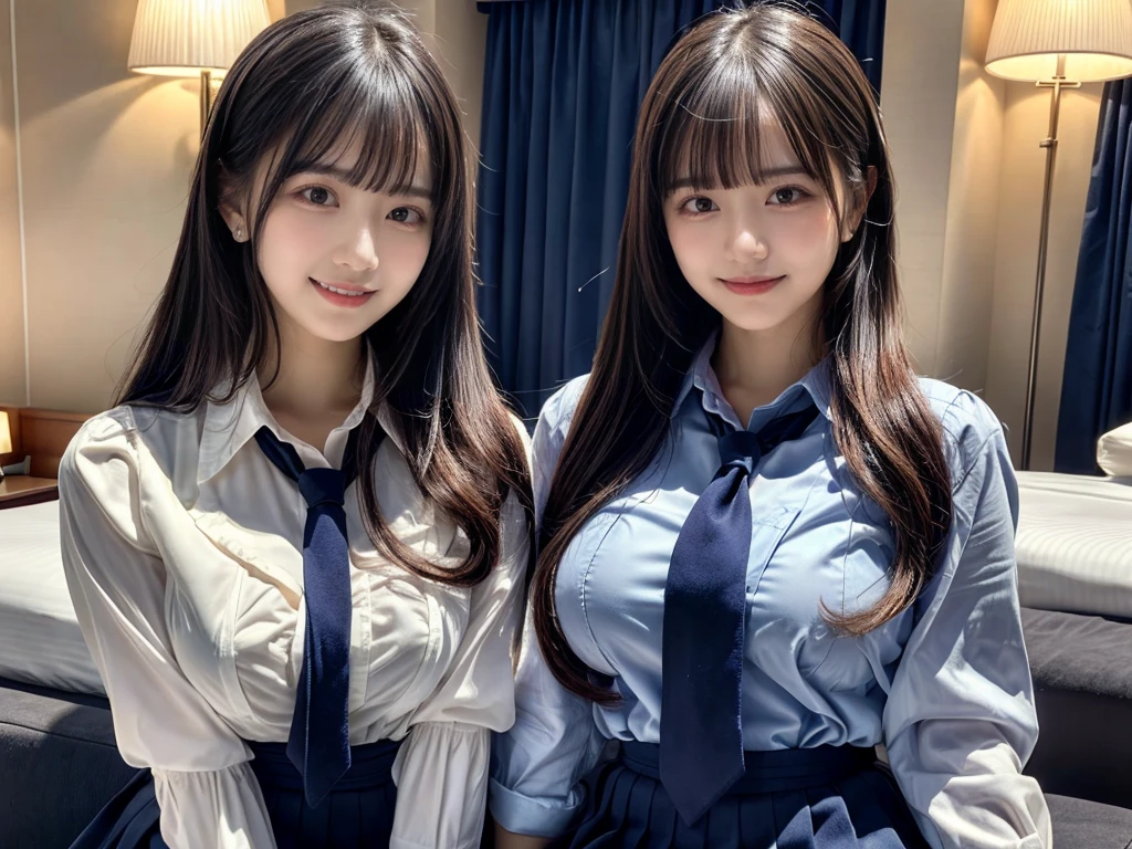 (8K, Raw photography, top-quality, masterpiece:1.2), ((3 beatiful girls))、.(Realistic Skins 1.4)、(((female high-school student、School Uniforms、)))、{{(The background is a luxury hotel room}}((School Uniforms、white Cutter shirt、darkblue pleatedskirt))、((long hair))、(A dark-haired、The forehead is hidden by bangs、)、Black eyes、shinny skin.Beautiful delicate face、Beautiful delicate eyes、{Voluptuous body shape、Thicker thighs}、One piercing in each ear、((smile:1.3)),((large breasts)), ((navy blue tie)) ,looking at camera, ((close up))