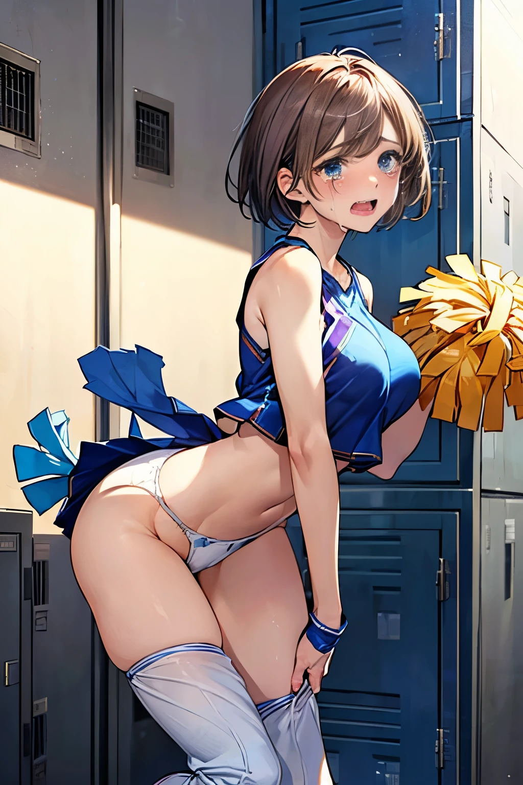 Browsing Caution,(((Perfect Anatomy, Anatomically correct, Very detailedな肌))), 1 girl, Japanese, high School girl, Shiny skin, Observe the audience, ((Back view, From below)), Beautiful Hair, Beautiful Face, Beautiful details, (short hair:1.1, Bobcut:1.2), Dark blonde hair:1, blue eyes, Baby Face, Mole under the eye, Beautiful clavicle, Beautiful body, Beautiful breasts, Big Breasts:0.5, Beautiful thighs, Beautiful legs, Camel Toe, (((Blue Sleeveless Cheerleader:1.2))), ((Thigh-high boots)), Removable sleeve, Captivating thighs, ((Embarrassing, Scared, sad, tears, cry, Half-open mouth)), Are standing, (((Leaning forward), Take off, Raise one leg, Pull on white panties、Pulling down her panties)), (Beautiful views), summer, School, locker room, 8k, highest quality, Masterpiece:1.2, Very detailed), (Realistic), Beautiful illustrations, Natural light, whole body,