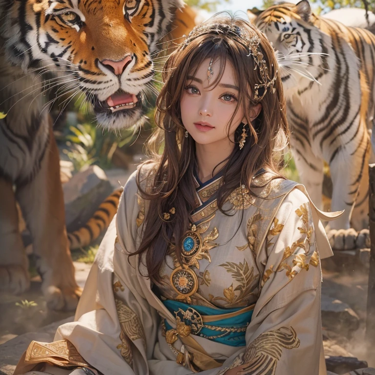 Hiding in the desert、Hair flow、 ((highest quality、masterpiece、8k、Best image quality、Ultra-high resolution、Award-winning works)、(Accurate anatomy:1.1)、(Look at me and smile:1.1)、Shining fair skin with Ultra-high resolution、The most detailed face、Ultra-high resolution detailed face、Ultra-high resolutionの髪の毛、(Ultra-high resolutionの煌めく瞳:1.1)、Beautiful face drawn in every detail、(Blurred Background:1.1)、Ancient Islamic clothing, Full body tiger tattoo, Old ruins in the background、Next to the tiger