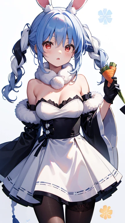 Used Pekora, Animal ears, Blue Hair, Braiding, carrot hair ornaments, food-themed hair ornaments, hair ornaments, Multicolored Hair, (Red eyes:1.5), Bunny ears, twin Braidings, Twin tails, Two-tone hair, Strapless, Strapless dress, (white dress:1.5), black gloves, black pantyhose, bow, Bridal Garter, Removable sleeves, dress, Fur scarf, Fur trim, fur-trimmed dress, fur-trimmed gloves, gloves, pantyhose, puffy Removable sleeves, Puffy sleeves, red bow, Breaking the comfort of your home, Japan, wallpaper, ((4K UHD)), detailed