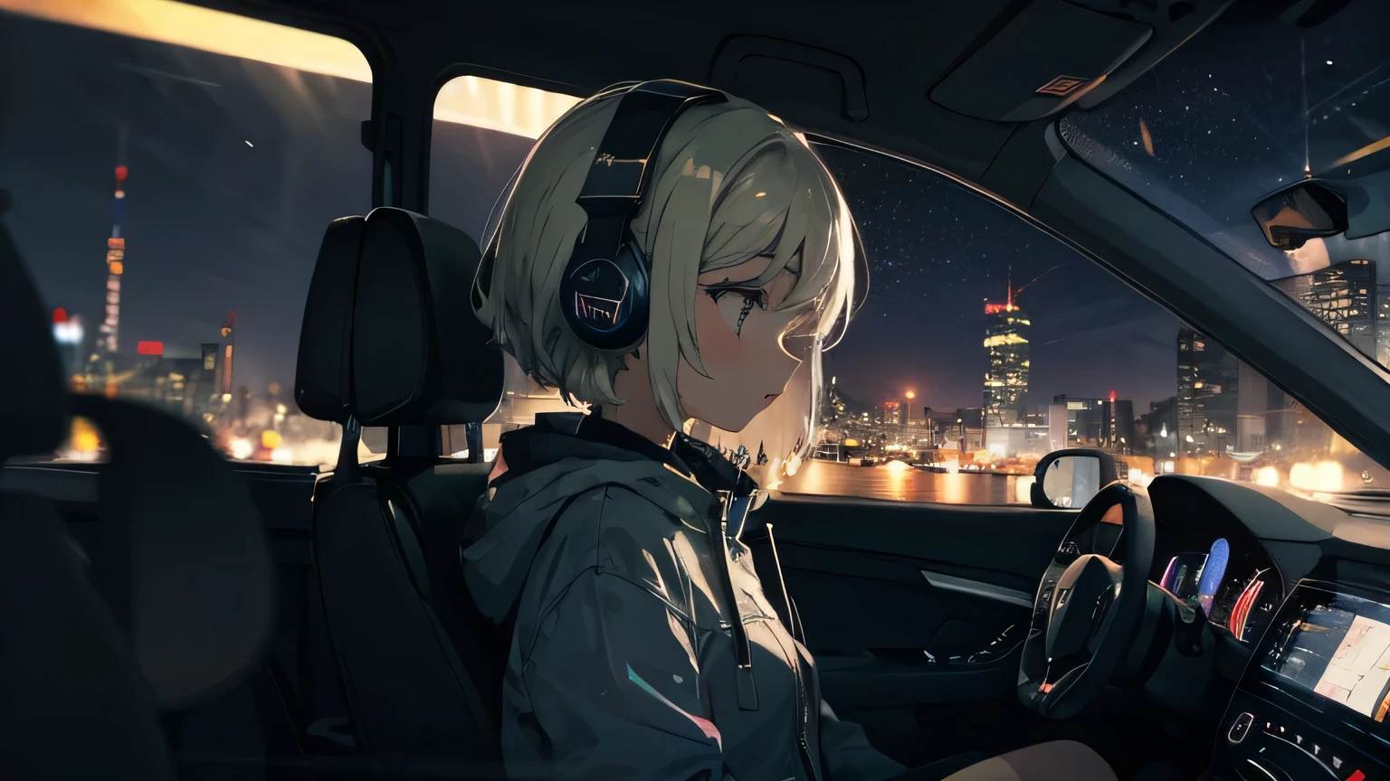 1 girl, night city, headphones, driving in the car