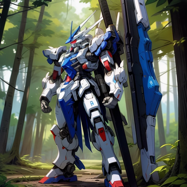 masterpiece, highest quality, Very detailed, 16k, Ultra-high resolution, Mobile Suit, White and blue body color, Beam rifle in right hand, Shield in left hand, forest, Stand in the center